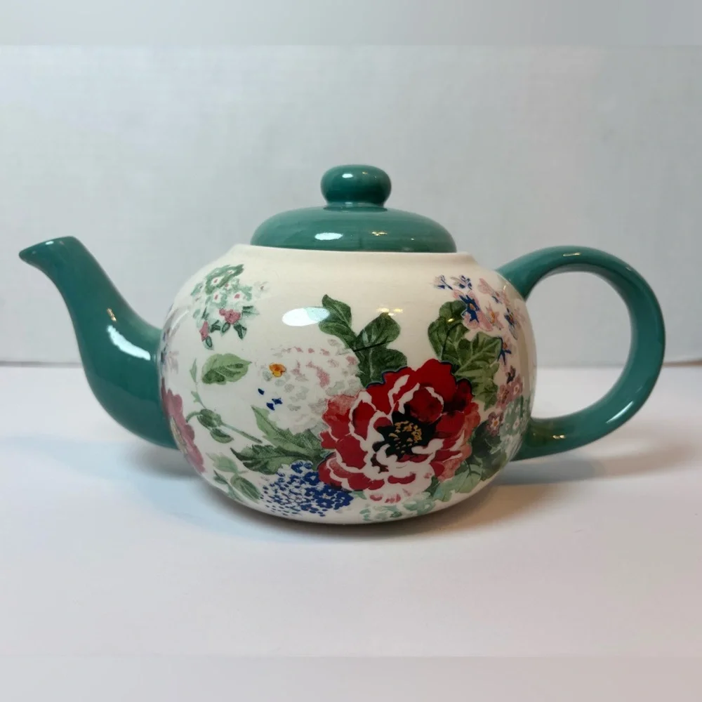 The Pioneer Woman Country Garden pattern ceramic teapot teal with floral design